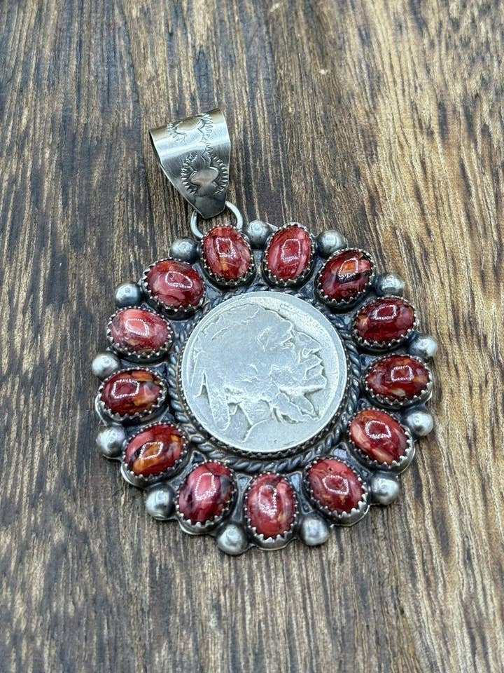 Navajo Handmade Sterling Silver Red Spiny Oyster Cluster Buffalo Coin Pendant for wholesale by Native City Jewelry