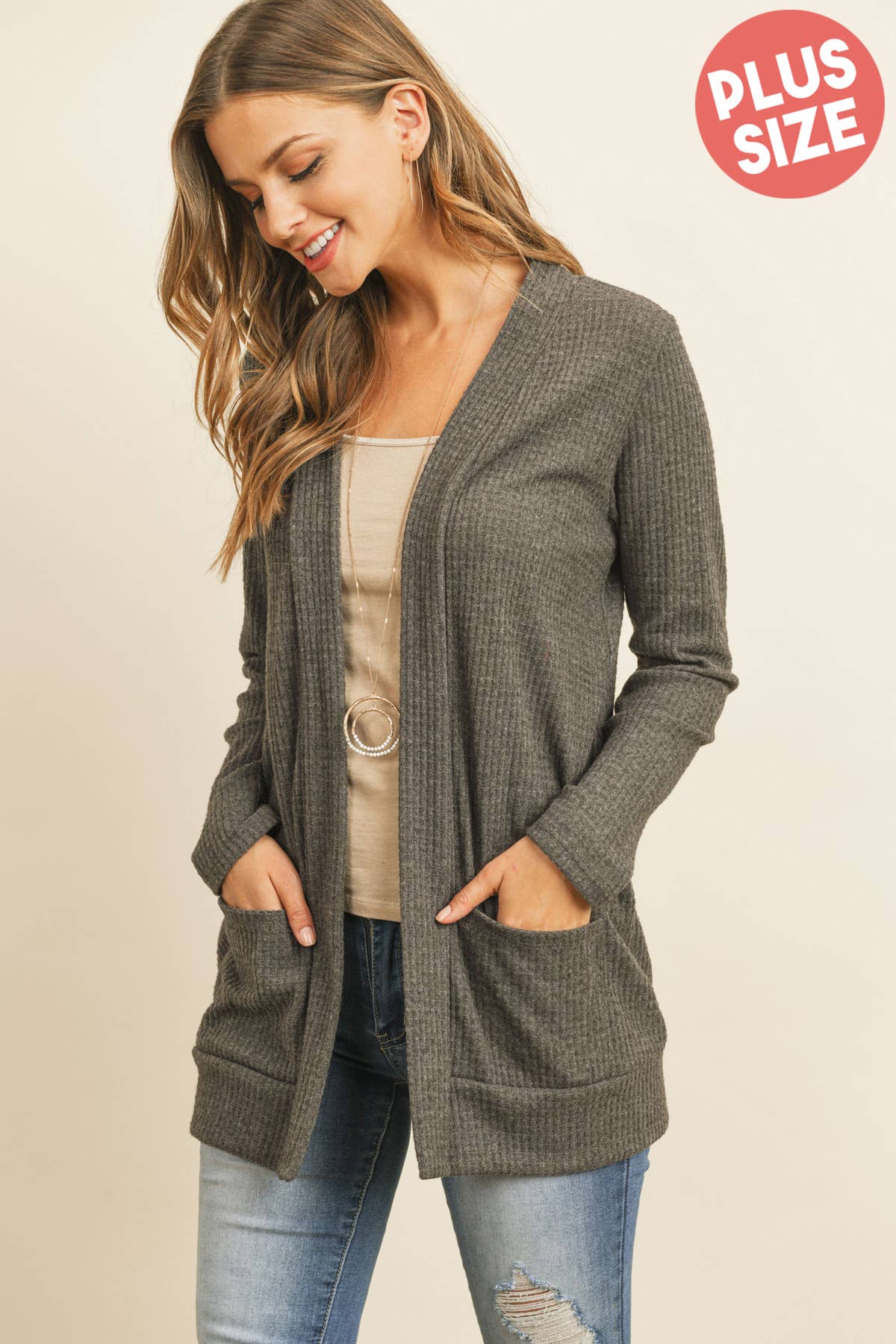 You & Me - Wholesale Cardigan - Women's - PLUS SIZE BRUSHED WAFFLE LONG SLEEVE SIDE POCKET OPEN FRONT9