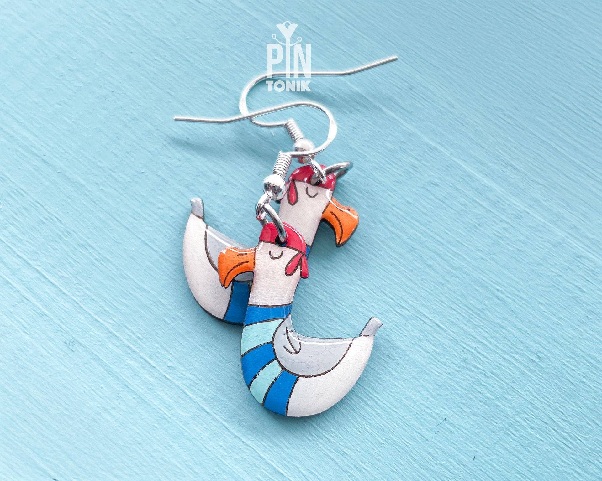 PinTonik - Vendita all'ingrosso Orecchini pendenti - Orecchini in legno dipinto e argento sterling Gabbiano2