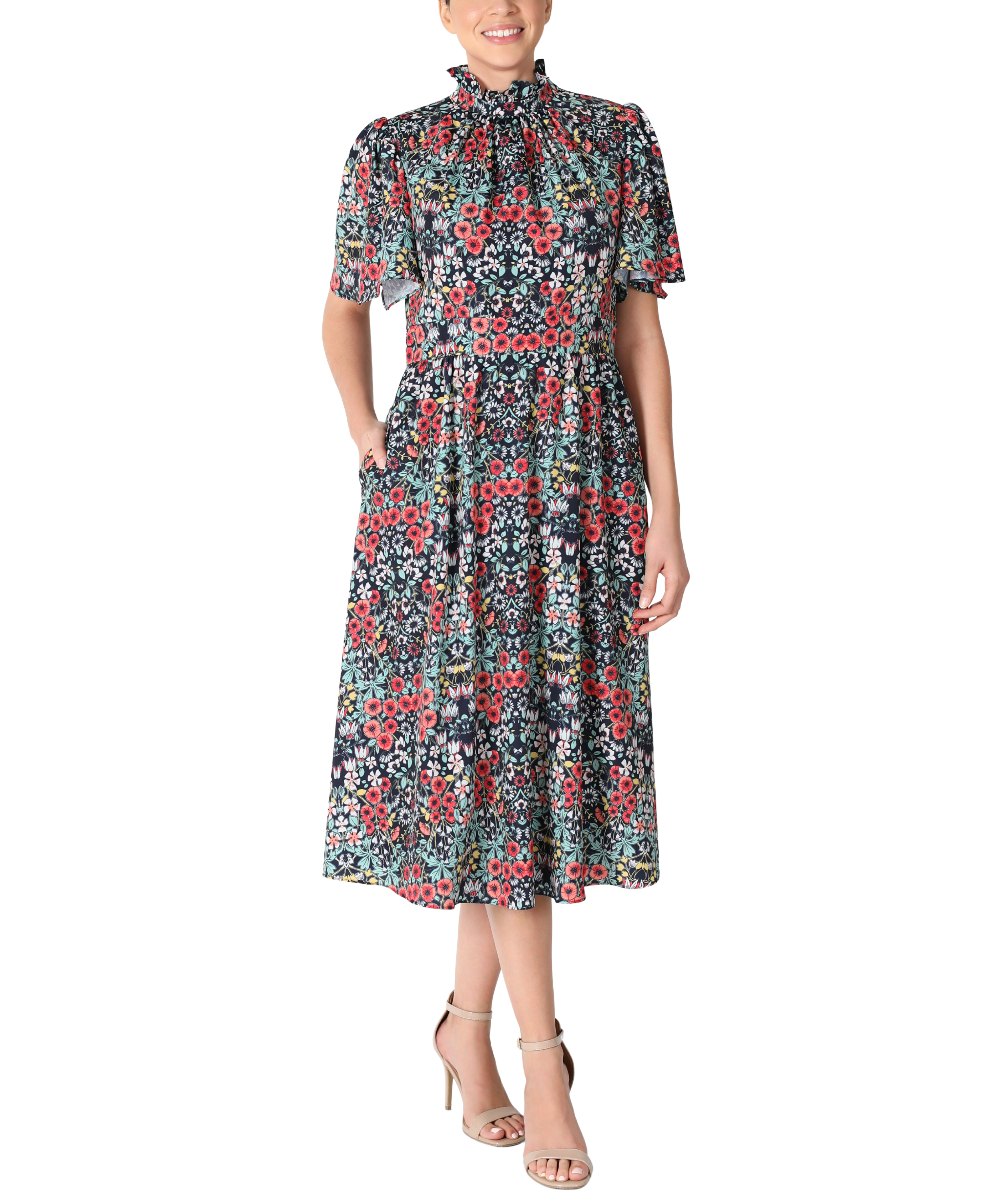 Navy Multi Ruffle Mock Neck Flutter Sleeves Dress for wholesale on Faire2