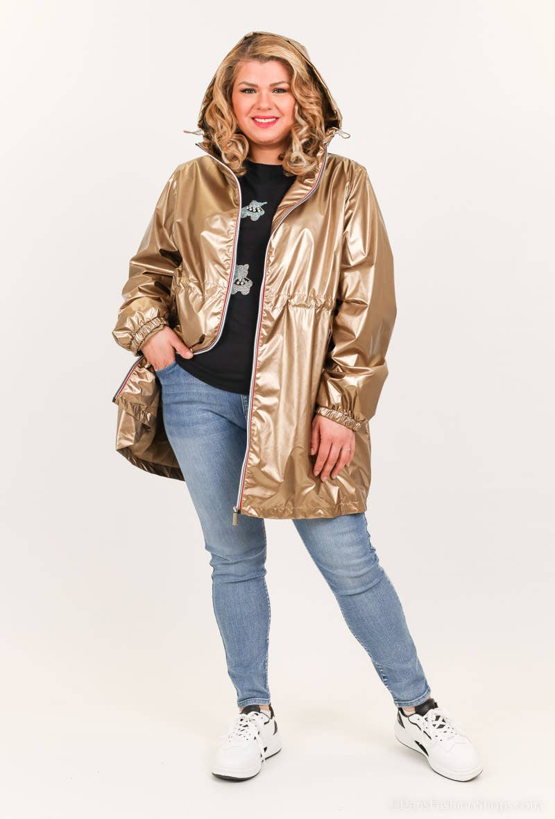 Attrait Paris - Venta al por mayor Cortavientos - Mujer - Cortavientos largo metálico con capucha y cremallera de colores Tallas grandes10