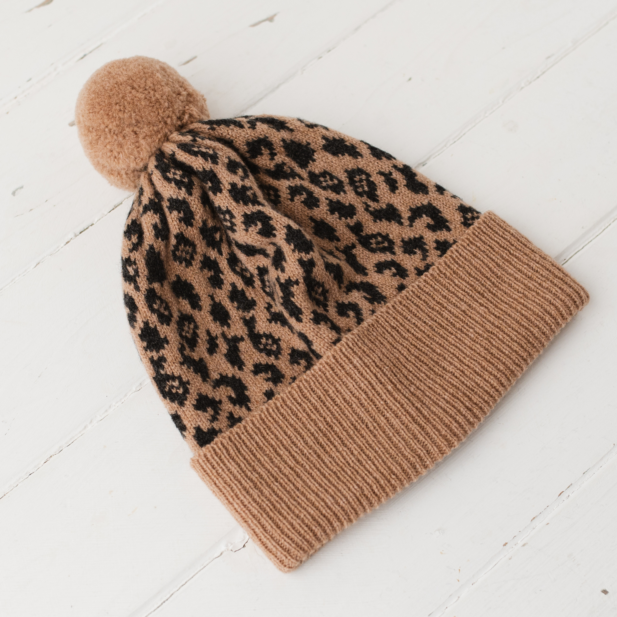 Miss Knit Nat – wholesale Beanie – Women's – Leopard pom pom hat - camel and charcoal2