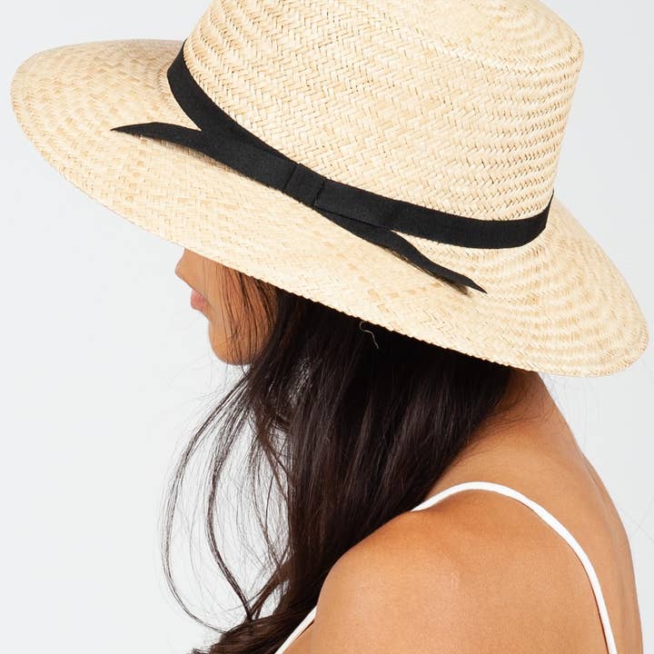 Lucca Couture - Wholesale Straw Hat - Women's - Summer handwoven straw boater hat with black ribbon trim