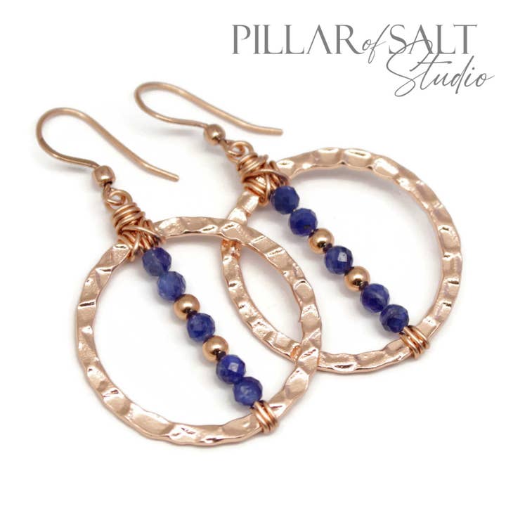 Hammered Copper Circle with Kyanite Handmade Earrings for wholesale by Pillar of Salt Studio