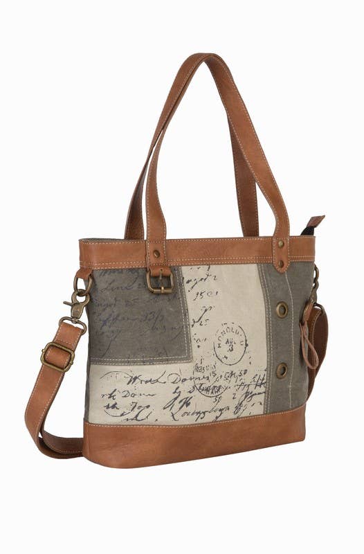 Mona B. - Wholesale Shoulder Bag - Women's - Vintage Script Up-Cycled Canvas Women's Shoulder Bag2