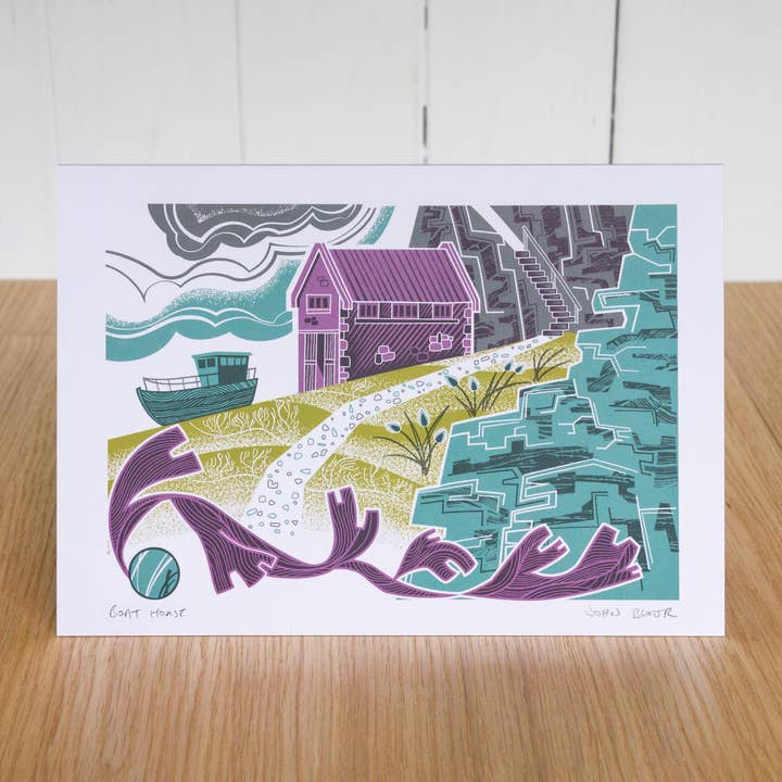 Boat House coastal greetings card, blank inside for wholesale by John Bloor Printmaker
