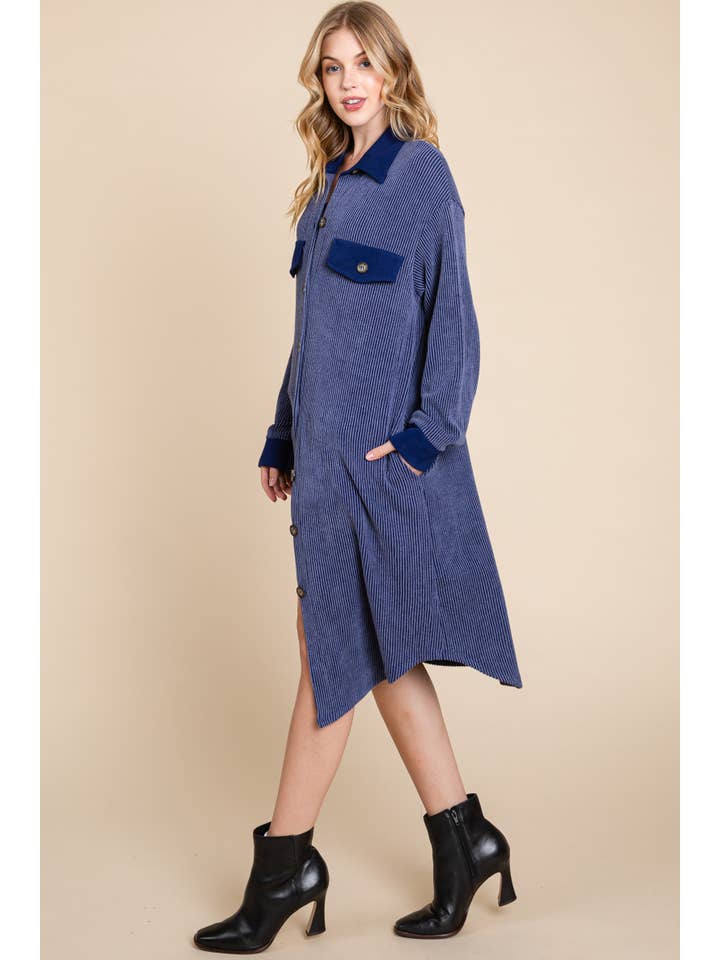 Navy Blue ETK-8869 Solid Urban Rib Long Shacket for wholesale on Faire