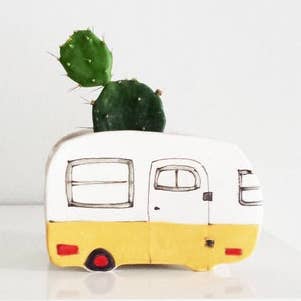 Small Vintage Yellow camper Planter for wholesale by Julie Richard Ceramist