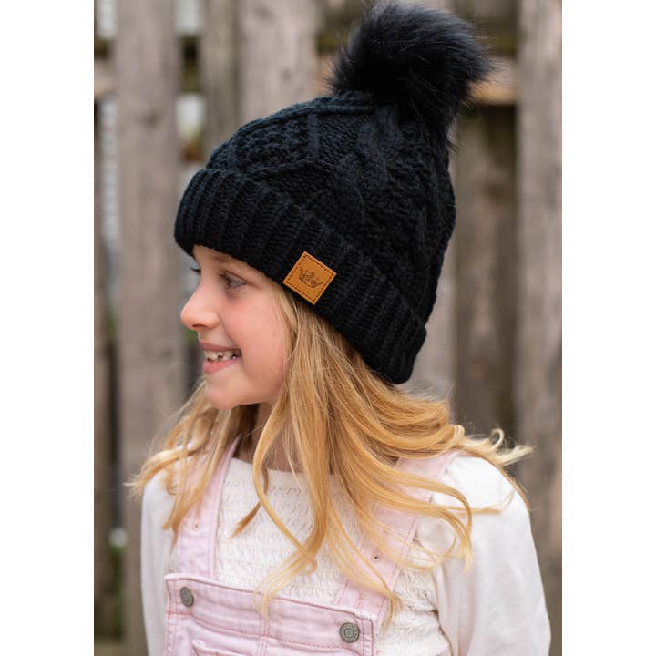 Panache Apparel Co. - Wholesale Beanie - Women's - KIDS Black Cable Knit Pom Hat