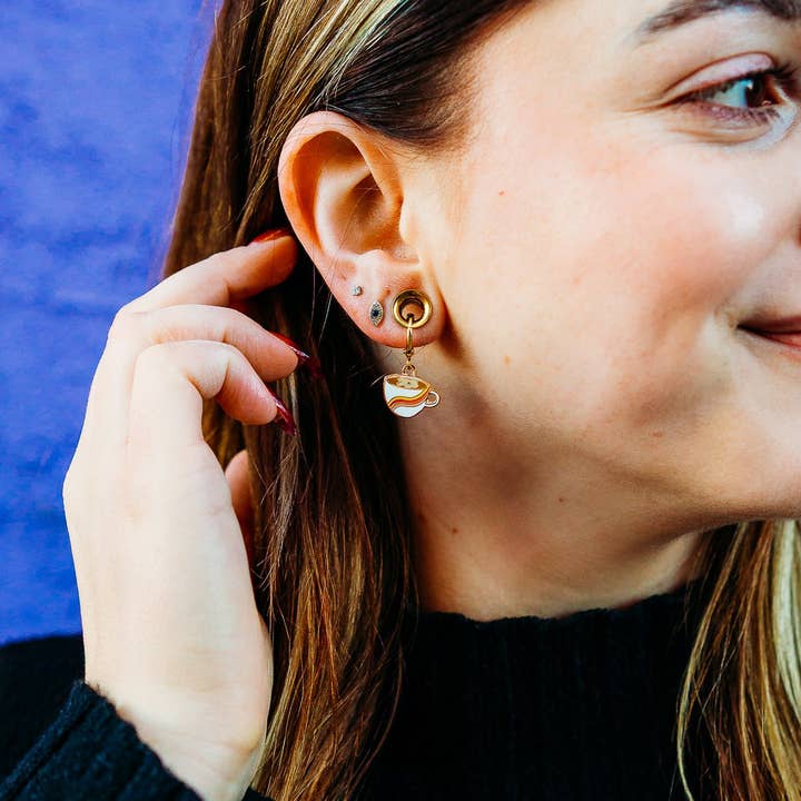 Rainbow Coffee Latte Cup Huggie Hoop Earrings for wholesale by Sleepy Mountain