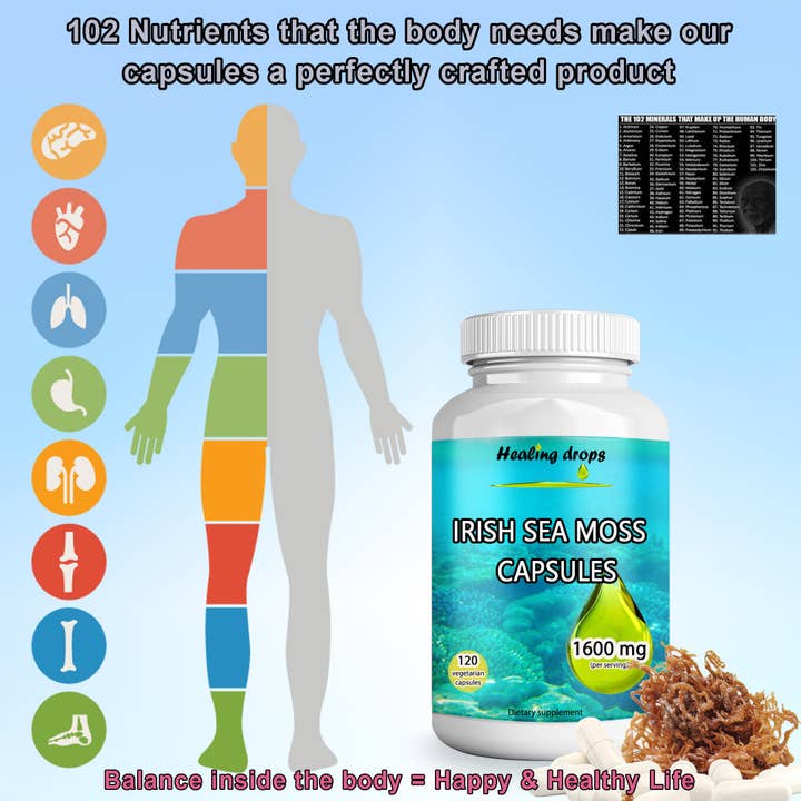 Healing Drops - Vendita all'ingrosso Vitamine/integratori orali - Capsule di muschio marino - Muschio marino irlandese 1600 mg - Keto Alkaline