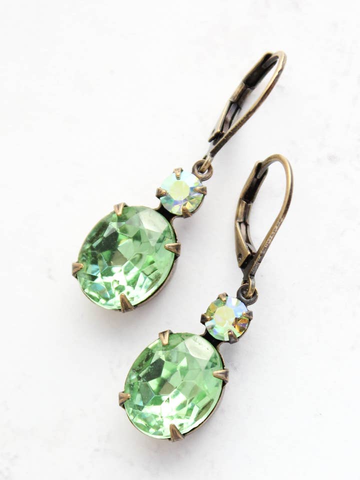 Green Drop Earrings | Vintage Glass | Peridot Green Ovals for wholesale by A Pocket of Posies