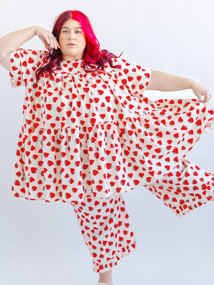 Size Inclusive Plus Size Strawberry Print Tiered Mini Dress for wholesale by Nettle Studios