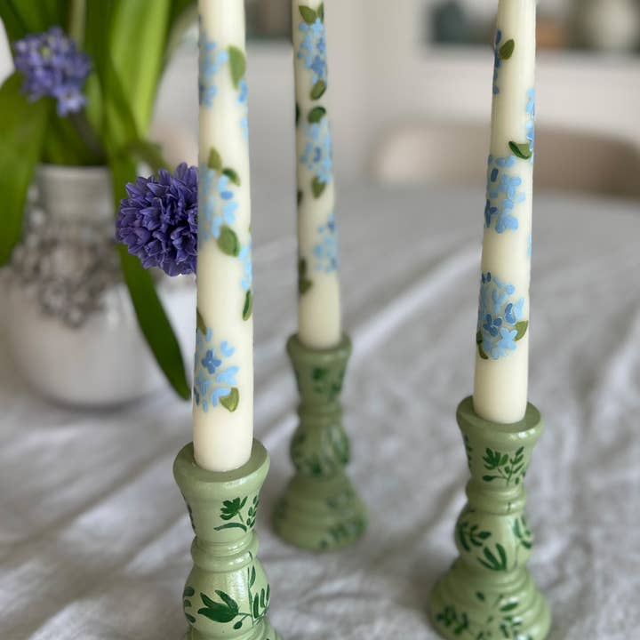 Sweet Pea And Whimsy - Wholesale Candle Holder - Pair of Sage Green Charming Hand-Painted Candle Stick Holder