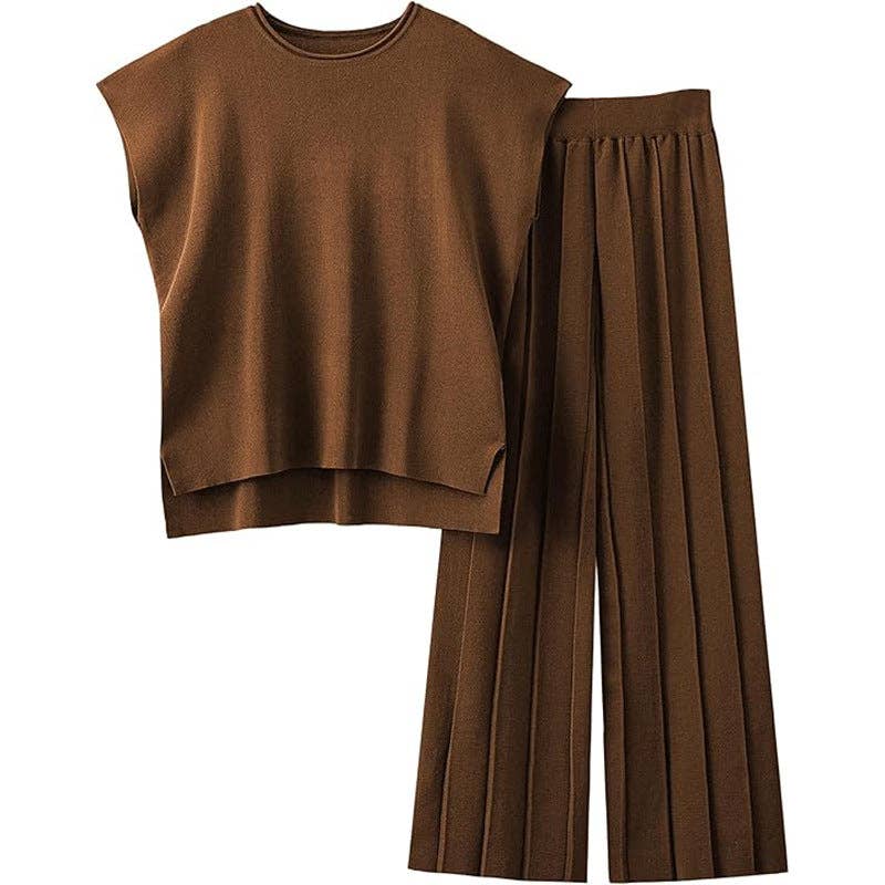 Masyal - Wholesale Top & Pant Set (NOT Loungewear) - Women's - Women's Casual Knitted Two-Piece Wide-Leg Suit0