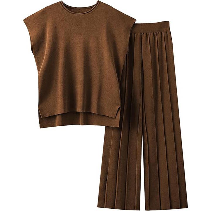 Masyal - Wholesale Top & Pant Set (NOT Loungewear) - Women's - Women's Casual Knitted Two-Piece Wide-Leg Suit