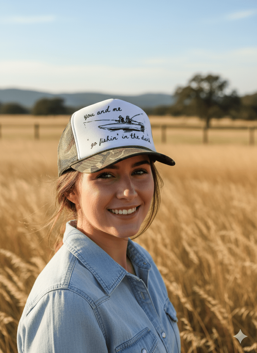 Camo White You And Me Go Fishin In The Dark Trucker Hat for wholesale on Faire1