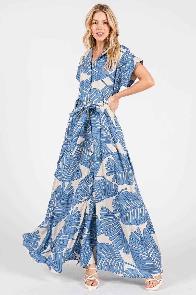 B I G H I T Fashion - Wholesale Dress - Women's - Palm Print Short Sleeve Button-Down Maxi Dress HD3020-BLUE6