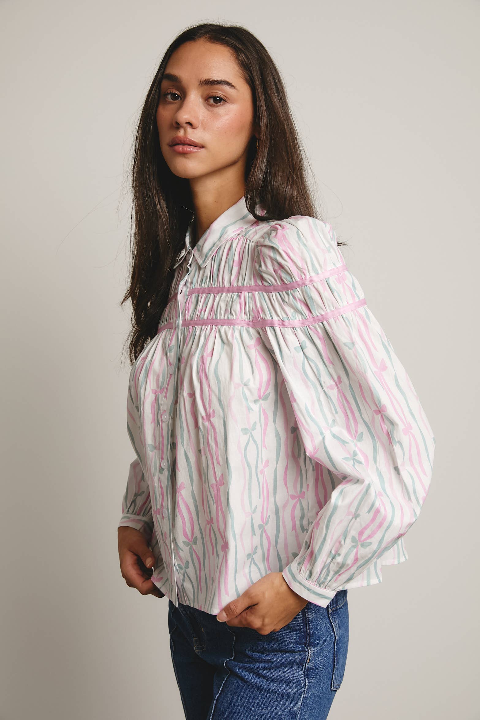 Forte – wholesale Blouse – Women’s – Ribbon Stripe Puff Sleeve Blouse FT000516