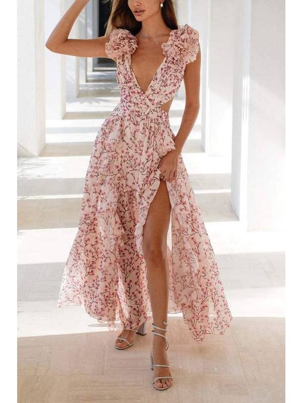 Queen Fashion - Wholesale Blouse - Women's - floral maxi dress with flutter sleeves2