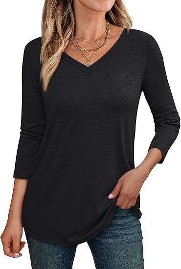 SALINA TRADING INC - Wholesale Tunic - Women's - Women Casual Solid Color V-Neck Long Sleeve Blank T-Shirt1