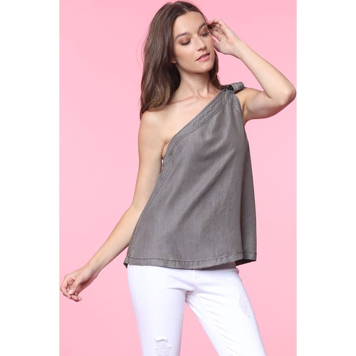 Top in Tencel con fiocco su una spalla per la vendita all'ingrosso da parte di Naked Zebra Rack