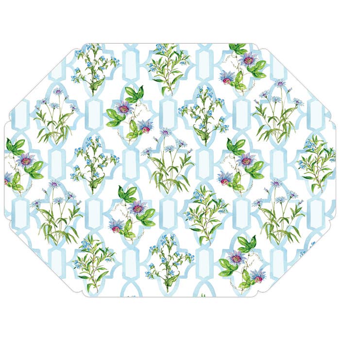 Botânicos azuis pintados à mão sobre placemat Trellis Posh Die-Cut por atacado de RosanneBeck Collections