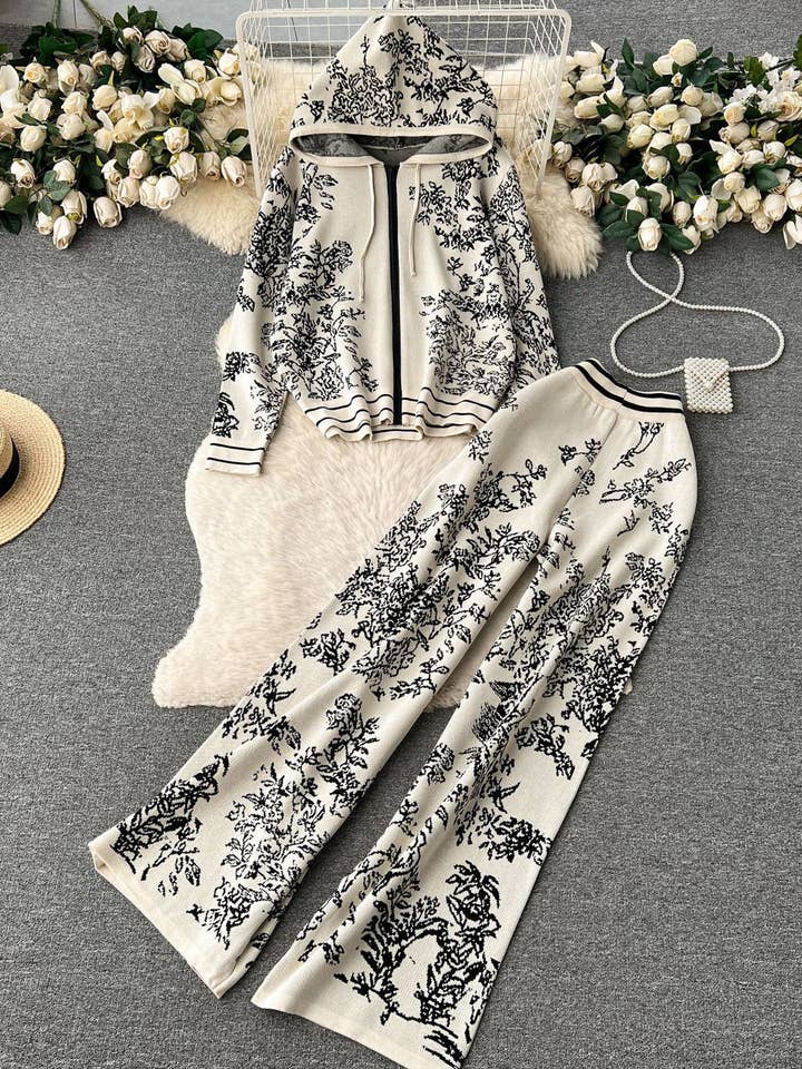 safistyle - Wholesale Lounge Set - Women's - Floral Drawstring Hoodie & Wide-Leg Pants Set2