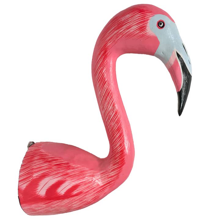 Large 12.5" Pink Flamingo Head Wooden Wall Hook for wholesale by CB Home Collection