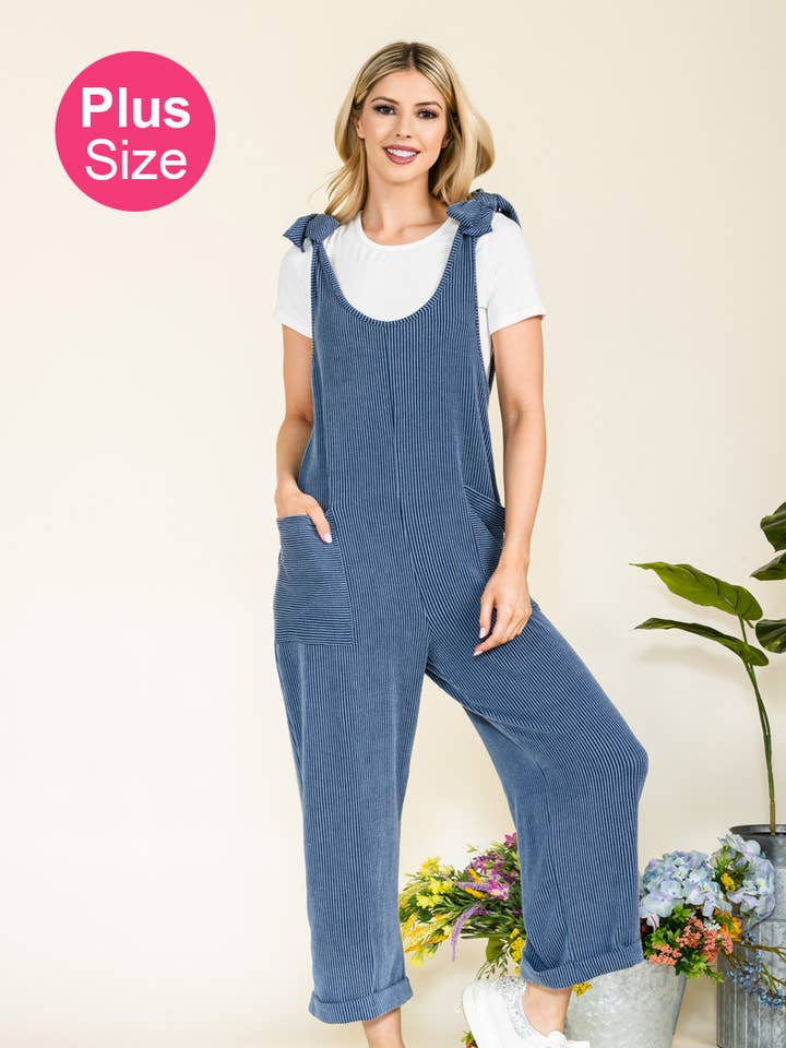 Celeste Clothing – Großhandel Jumpsuit – Damen – Plus-Size verstellbarer Rippen-Overall mit Fronttaschen - CP438730