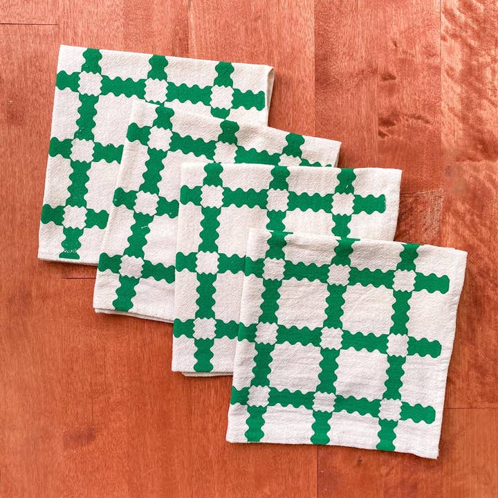 Bright Beige - Wholesale Dinner & Cloth Napkin - Natural Cotton Cloth Napkins, Green Party Time Plaid