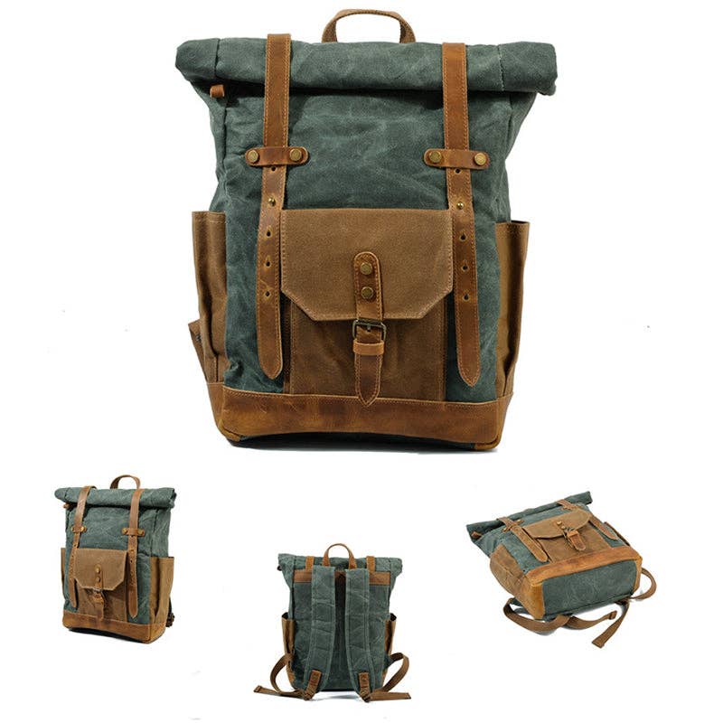 RockCow Leather Studio - Wholesale Backpack - Unisex - Wax Canvas With Full Grain Leather Travel Backpack Waterproof Waxed Canvas Laptop Rucksack Canvas Outdoor Backpack19