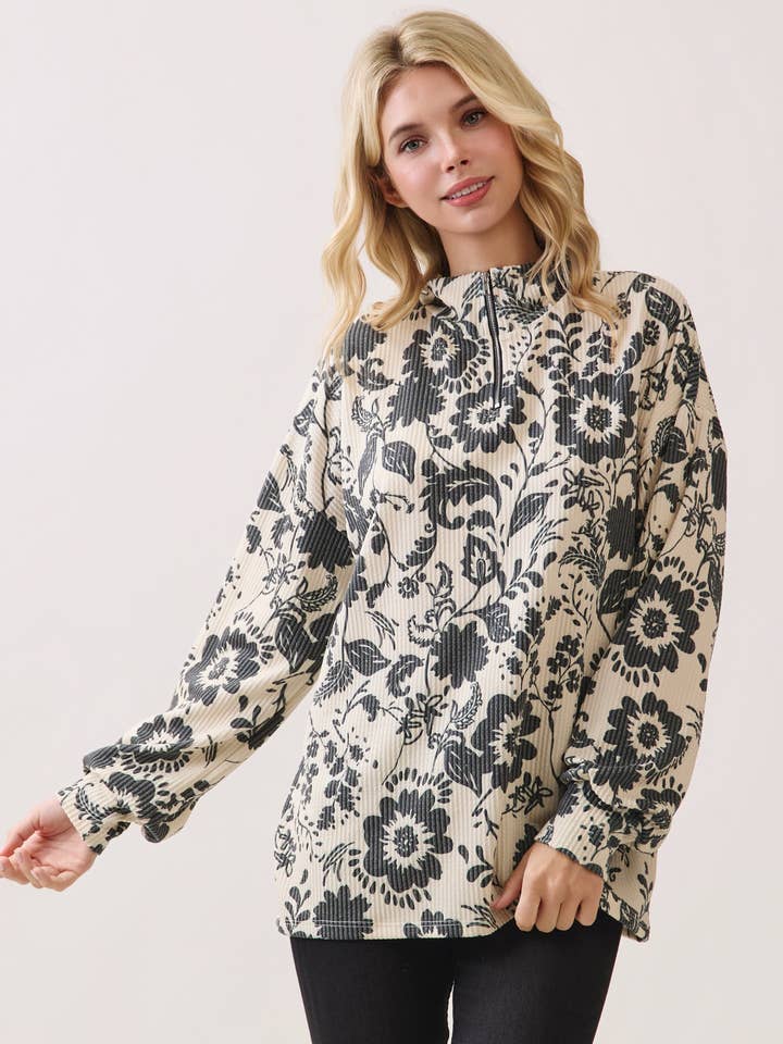 TL2116 Cream Black Floral Ribbed Knit Half Zip Pullover for wholesale by BOMBOM