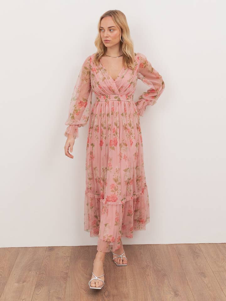 Anaya With Love Recycled Pink Floral Print Faux Wrap Maxi Sleeve Midaxi Dress for wholesale by Plaza Collection Ltd