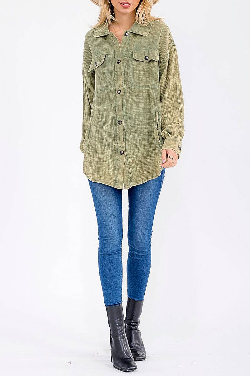 ROUSSEAU - Wholesale Button Down Shirt - Women's - BUTTON UP FRONT POCKETS WASHED OVERSIZED SHIRT12