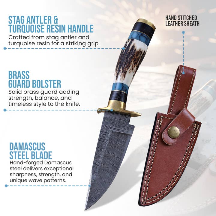 FH KNIVES - Wholesale Pocket knife/holder - 8' Damascus knife with leather sheath, Horn handle 1