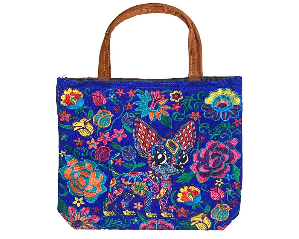 Pichincha - Wholesale Tote Bag - Women's - Embroidered Floral Chihuahua Dog Large Suede Purse Tote Bag0