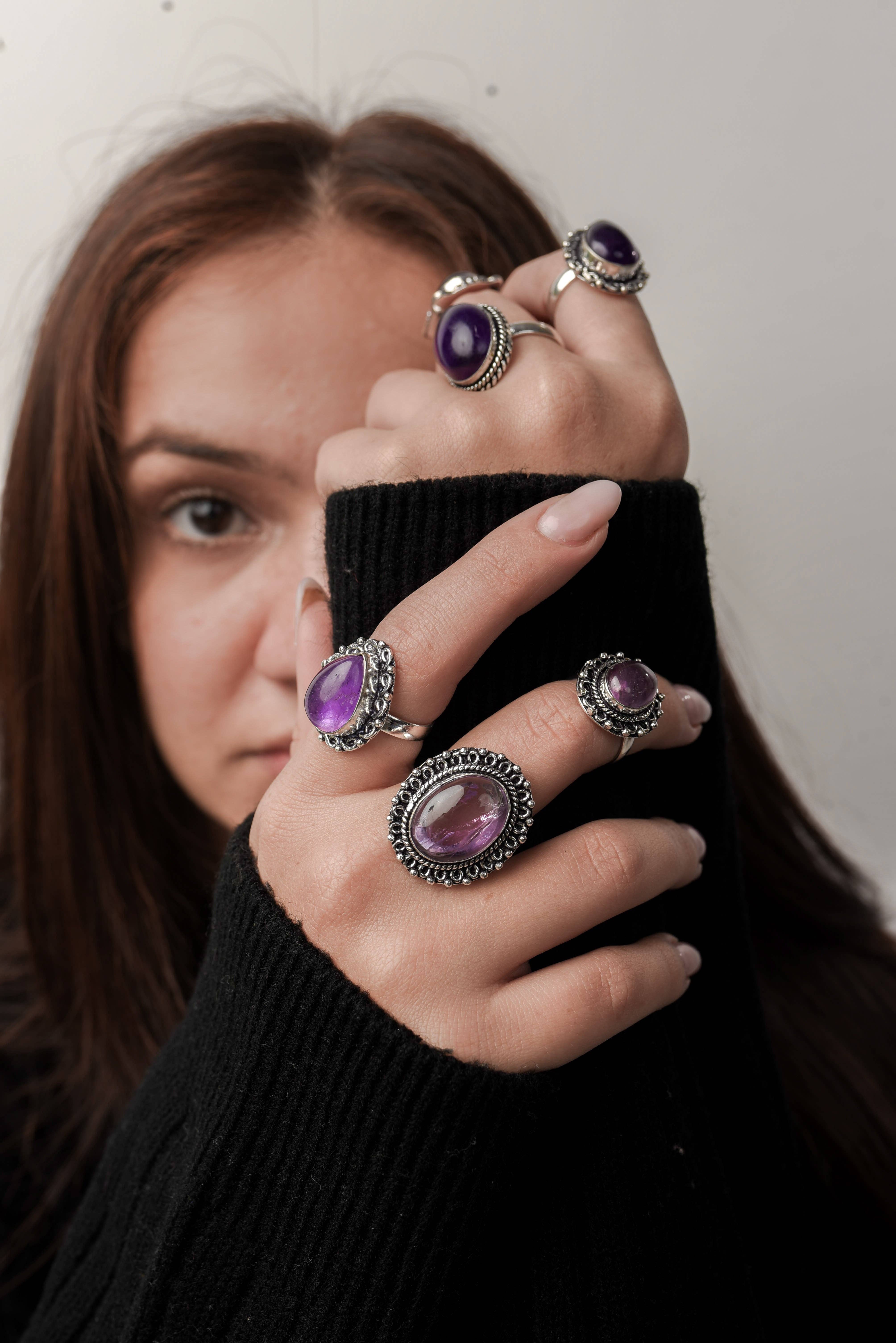 Handmade Jewels - Wholesale Cocktail/Statement Ring - Amethyst Rings for Women – Silver-Plated, Handmade, Deep Purple (US Sizes 6–10, Non-Adjustable)12