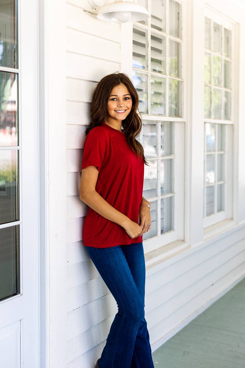 Red Crimson V-Neck Tee for wholesale on Faire2