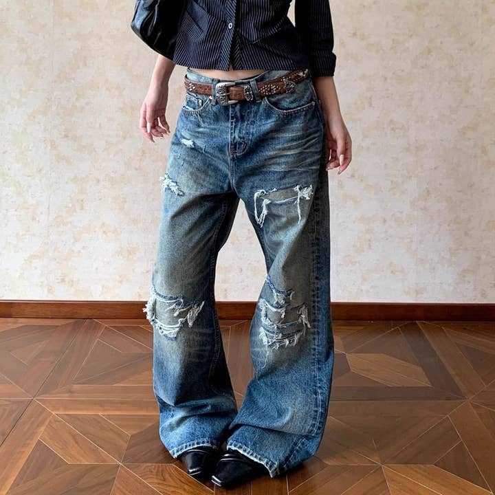 Vintage Washed Distressed Patchwork Jeans Men Women Straight Loose Fit for wholesale by kycozy