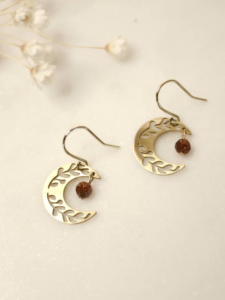 Dainty Brass Floral Moon Earrings with Sandstone Beads for wholesale by Moxie Collective (formerly Atonement Design)