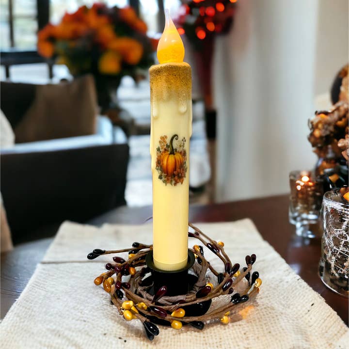 Small Town Dusk - Wholesale Flameless Candle - Pumpkin Flowers Fall LED Battery Operated Timer Taper Candle