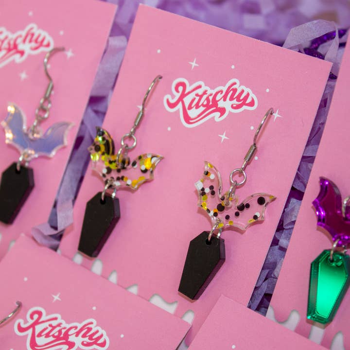 Kitschy - Wholesale Dangle Earrings - Coffin Bat Earrings Halloween Laser Cut Acrylic6
