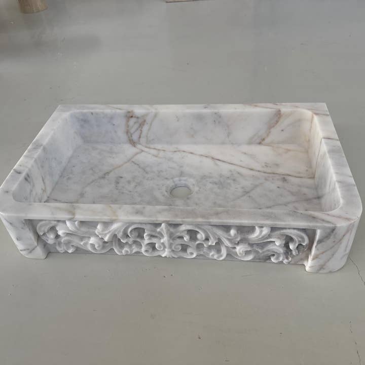 Relief Front Calacatta Sink, Vessel Sink, Farmhouse Sink, Marble Washbasin, Marble Sink For Bathroom Vanity Top for wholesale by Arbon Marble