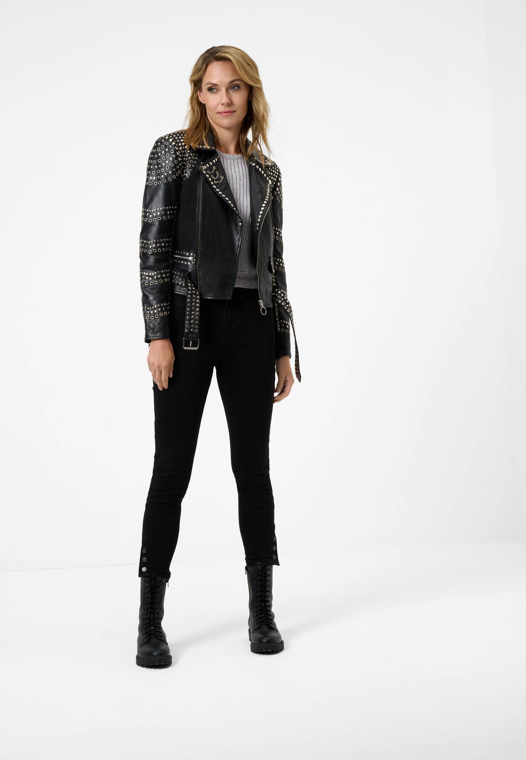 black Women's Leather Jacket Selina with Studded Trim - Lamb Nappa Leather for wholesale on Faire2