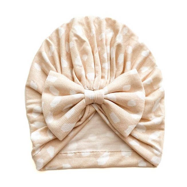 Bow Turban Hat - Sand Spotted for wholesale by Harp Angel Boutique