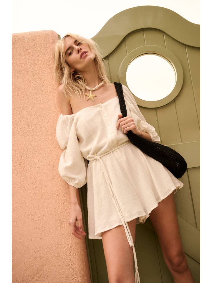 Promesa USA - Wholesale Romper - Women's - Textured Cotton Bubble-Sleeve Wide-Leg Romper