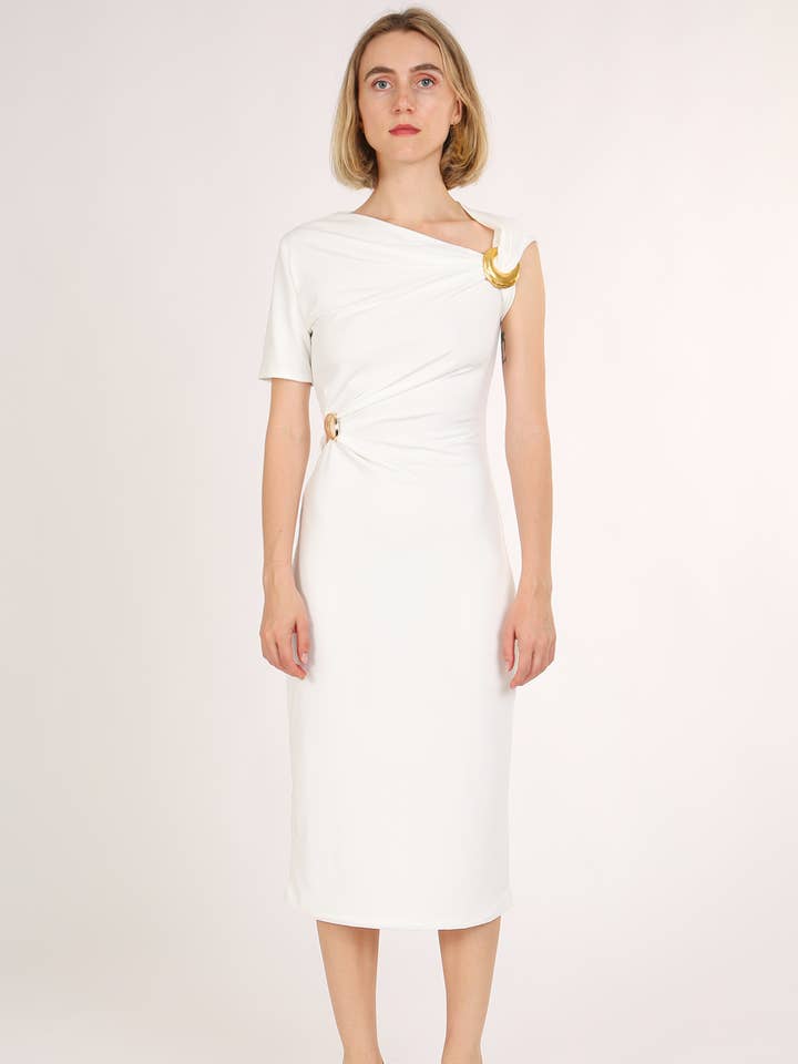 Asymmetrische Multi-Broche Midi Bodycon Jurk QC3334 voor wholesale door Beulah Style