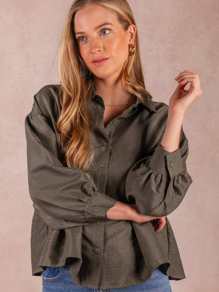 Button Down Ruffle Hem Long Sleeve Top for wholesale by Before You Collection