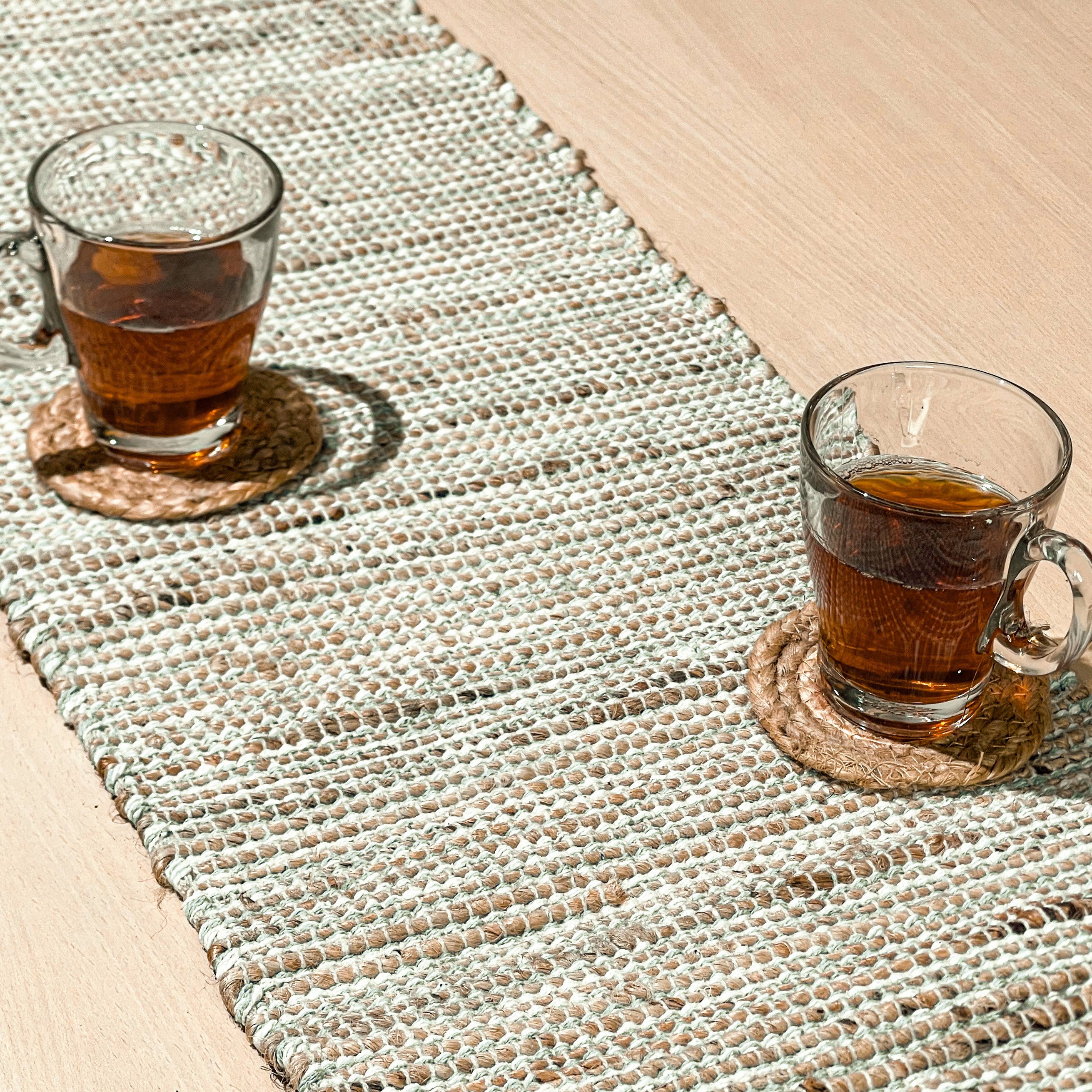 Green OMBRE TABLE RUNNER, NATURAL JUTE-SAGE GREEN-WHITE,13''x36''. for wholesale on Faire4